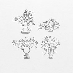 four vases filled with flowers on top of a white paper background, one is drawn in black ink