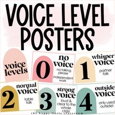 a poster with the words voice level posters written in black and white, including numbers