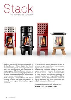 an advertisement with three different types of stoves in red, white and black colors