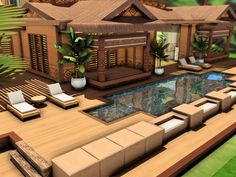 a 3d rendering of a house with a pool and lounge chairs