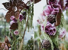 two pictures of flowers and leaves hanging from branches