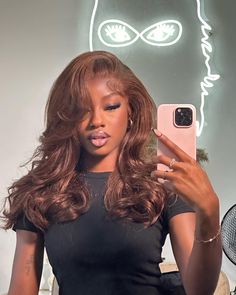 Chocolate Hair On Dark Skin, Honey Brown Straight Hair, Honey Brown On Dark Skin, Honey Brown Hair Dark Skin, Brown Hair Sew In, Brown Hair On Dark Skin, Elegant Hair Color, Changing Hair Color, Two Tone Hair Color Ideas