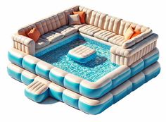 an inflatable pool with couches and pillows