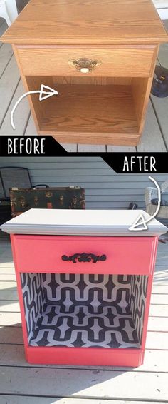 the before and after pictures of an old dresser makeover with paint, stencils, and wood