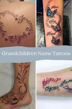 four different tattoos with names and butterflies on their legs, one has a name in the middle