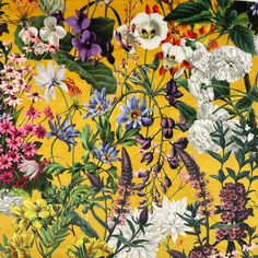 a yellow background with many different flowers and leaves on the bottom right corner is an image of white, pink, purple, and green flowers