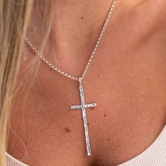 "Silver Hammered Cross Necklace  MATERIALS * Material: High-Quality 925 Sterling Silver  * Gold Plating options: 24K Gold Plating * Chain Style: Men Rolo - 3mm * Handmade item SIZES * Pendant size: Height: 60mm Width: 22mm * Pendant Thickness: 0.7mm * Chain Length: 14\" / 16\" / 18\" / 20\" / 22\"    *Each necklace comes with an 2\" extender So size 14\" matches sizes 14\"-16\" GIFTING All items come ready to give in a beautiful gift box with a certificate of authenticity. packaging with bubble Spiritual Hammered Cross Necklace, Hammered Cross Necklace, Necklace Christian, Christian Cross, Cross Jewelry, Religious Jewelry, Hammered Silver, Gold Plated Chains, Beautiful Gift Boxes