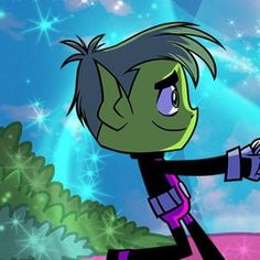 a cartoon character with green hair and blue eyes holding something in one hand while standing next to a tree