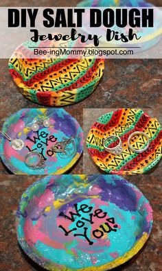 three colorful bowls with the words love you painted on them