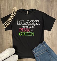 Attention Sorors...catch everyone's eye with this cute, comfy cotton tee. Black mixed with Pink and Green! Outfit With Jersey, Aka Apparel, Alpha Kappa Alpha Paraphernalia, Aka Sorority Gifts, Aka Sorority, Alpha Kappa Alpha Sorority, Alpha Kappa Alpha, Sorority Gifts