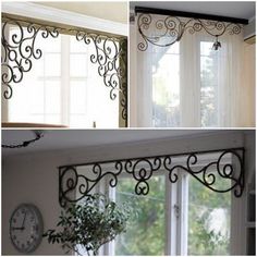 three different views of a window with curtains and a clock on the wall next to it