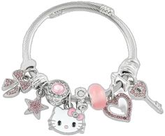 Pandora Style Bracelet, Pink Kitty, Hello Kitty Jewelry, Stainless Bracelet, Hello Kitty Pink, Pink Hello Kitty, Bracelet Charms, Pandora Style, Crystal Stars