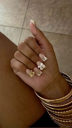 Birthday Nails White And Gold, White Medium Nails, Nails On Tan Skin, Bts Nails, Tan Nails, Her Nails