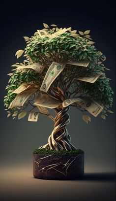 a tree with money growing out of it's roots, on a dark background