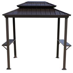 a black metal and wood gazebo with two shelves on each side that has an open roof