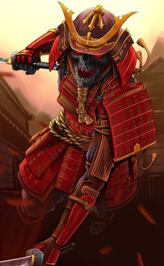 japanese tattoo art oni samurai Samurai Skull Art, Skull Samurai, Japanese Warrior Tattoo, Red Samurai, Samurai Concept, Samurai Warrior Tattoo, Oni Samurai