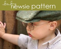 a young boy wearing glasses and a green newsie hat with the words newsie pattern on it