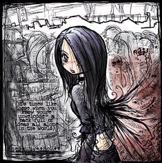 a drawing of a girl with long black hair and an inscription on the wall behind her