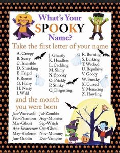 what's your spooky name? poster with halloween characters and pumpkins