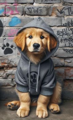 a dog wearing a hoodie sitting in front of a brick wall with graffiti on it