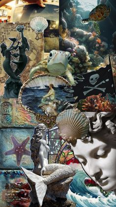 the collage has many different pictures and symbols on it, including shells, mermaids,