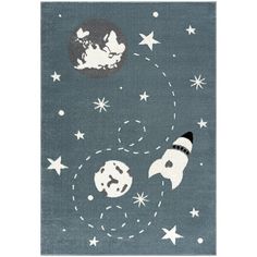 a rug with an image of a space shuttle in the sky and stars around it