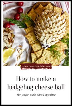 the cover of how to make a hedgehog cheese ball, which includes crackers and cranberries