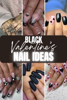 Black Nails With Roses Design, Black French Heart Nails, Black Heart Nails Valentines Day, Valentines Nails Black And White, Black White Valentines Nails, Black And Nude Valentines Nails, Black Valentines Day Nails Almond, Edgy Valentines Nails Black, Punk Valentines Nails