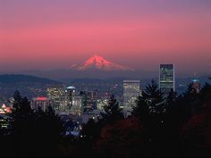 a view of the city skyline at dusk with a snow capped mountain in the distance