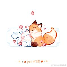 an orange and white fox laying on top of another animal next to eachother