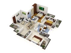 three bedroom apartment floor plan with living room, dining area and kitchen in the middle