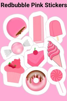 pink stickers with different types of food on them and the words redubble pink stickers