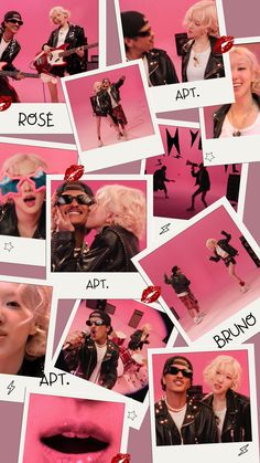 the collage shows photos of marilyn monroe and other women in black outfits, with pink background