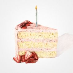 a piece of cake with strawberries on it and a single candle in the middle