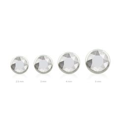 three different sizes of crystal stones on a white background with the measurements for each stone