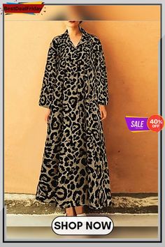 Women's Elegant Shift Leopard Printed Dress Fall Shift Maxi Dress, Casual Leopard Print Maxi Dress For Fall, Long Sleeve Leopard Print Maxi Dress For Spring, Fall Season Shift Maxi Dress, Shift Maxi Dress For Fall, Leopard Print Maxi Dress For Fall, Leopard Print Dress, Printed Dress, Types Of Dresses