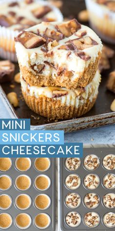 mini snickkers cheesecakes in muffin tins