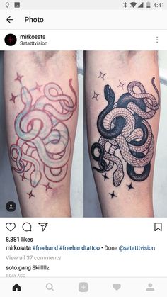 two people with tattoos on their legs and one has a snake tattooed on the leg