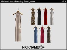 six different dresses hanging on clothes racks with the name modern luxury dressing roomdress