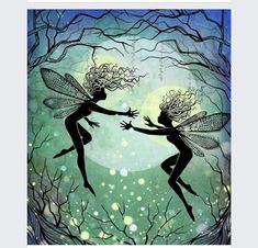 two fairy - like women dancing in front of a full moon with trees and branches