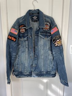 One-of-a-Kind Vintage Harley Davidson Patched Denim Jacket Condition: Great Size: Large Dark Wash Denim Jacket With Patches, Dark Wash Long Sleeve Denim Jacket With Patches, Fall Denim Jacket With Patches, Denim Outerwear With Patches In Medium Wash, Denim Outerwear With Patches In Dark Wash, Medium Wash Denim Outerwear With Patches, Dark Wash Denim Jacket With Patches For Fall, Patched Denim Jacket, Harley Davidson Patches