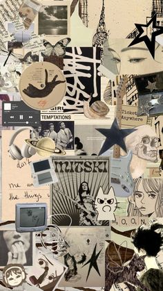 a collage of various pictures and words on paper, including an image of a woman's face