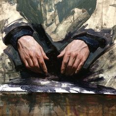 a painting of a man's hands resting on top of a piece of paper