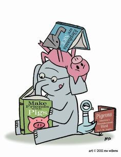 an elephant sitting on top of a pile of books next to a pig holding a book