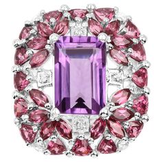 It comes with the appraisal by GIA GG/AJP Pink Amethyst = 3.60 Carat Stone Size: 12 x 8 mm Cut: Emerald Rhodolite Garnet = 3.85 Carats White Topaz = 0.15 Carts Metal: Sterling Silver Rhodium Plated Height: 12 mm Width: 20 mm Length: 24.5 mm Ring Size: 8* US *It can be resized complimentary Amethyst Cocktail Ring, Contemporary Ring, Rhodolite Garnet, Pink Amethyst, Put A Ring On It, Victorian Jewelry, White Topaz, Cocktail Ring, Cocktail Rings