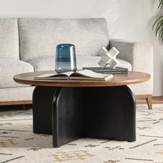 a coffee table with an open book on it in front of a couch and potted plant