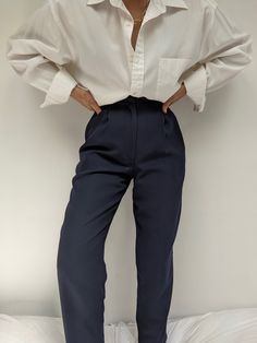 Midnight trousers in a smooth, lightweight fabric. Trousers have a petite, high-rise waist with side pockets & an inner lining. Tag reads Lord & Taylor Office Ankle-length Bottoms With Welt Pockets, High-waisted Pants With Welt Pockets For Work, Stretch High-waisted Pants For Work, Classic High-waisted Work Pants, Workwear Pants With Welt Pockets, Chic Tailored Bottoms With Pockets, Straight Pants With Pockets For Daywear, Straight Pants With Welt Pockets For Workwear, Business Casual Bottoms With Pockets