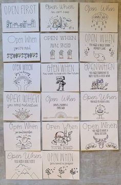 several handmade greeting cards with the words open when, open when, open when and open when