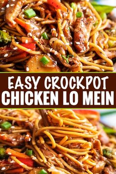 easy crockpot chicken lo mein with noodles and vegetables