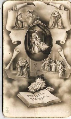 an old black and white photo of the birth of jesus with images of people around it